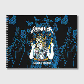 Альбом для рисования с принтом Metallica в Курске, 100% бумага
 | матовая бумага, плотность 200 мг. | Тематика изображения на принте: american | bone | butterflies | death | fly | girl | head | james hetfield | kirk hammett | metal band | metallica | music | plate | rock | skull | statue of liberty | американская | бабочки | голова | девушка | держит | кость | кушает | летают | металлик