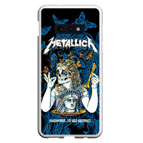 Чехол для Samsung S10E с принтом Metallica в Курске, Силикон | Область печати: задняя сторона чехла, без боковых панелей | american | bone | butterflies | death | fly | girl | head | james hetfield | kirk hammett | metal band | metallica | music | plate | rock | skull | statue of liberty | американская | бабочки | голова | девушка | держит | кость | кушает | летают | металлик