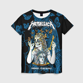 Женская футболка 3D с принтом Metallica в Курске, 100% полиэфир ( синтетическое хлопкоподобное полотно) | прямой крой, круглый вырез горловины, длина до линии бедер | american | bone | butterflies | death | fly | girl | head | james hetfield | kirk hammett | metal band | metallica | music | plate | rock | skull | statue of liberty | американская | бабочки | голова | девушка | держит | кость | кушает | летают | металлик