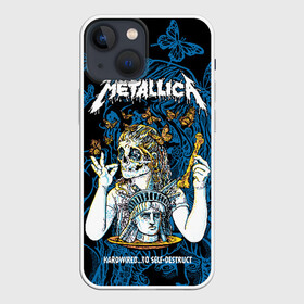 Чехол для iPhone 13 mini с принтом Metallica в Курске,  |  | american | bone | butterflies | death | fly | girl | head | james hetfield | kirk hammett | metal band | metallica | music | plate | rock | skull | statue of liberty | американская | бабочки | голова | девушка | держит | кость | кушает | летают | металлик