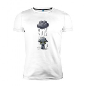 Мужская футболка премиум с принтом Грустный Котик в Курске, 92% хлопок, 8% лайкра | приталенный силуэт, круглый вырез ворота, длина до линии бедра, короткий рукав | Тематика изображения на принте: грустный котик | дождь | котик | облако