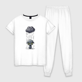 Женская пижама хлопок с принтом Грустный Котик в Курске, 100% хлопок | брюки и футболка прямого кроя, без карманов, на брюках мягкая резинка на поясе и по низу штанин | грустный котик | дождь | котик | облако