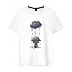 Мужская футболка хлопок с принтом Грустный Котик в Курске, 100% хлопок | прямой крой, круглый вырез горловины, длина до линии бедер, слегка спущенное плечо. | Тематика изображения на принте: грустный котик | дождь | котик | облако