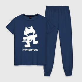 Женская пижама хлопок с принтом MONSTERCAT в Курске, 100% хлопок | брюки и футболка прямого кроя, без карманов, на брюках мягкая резинка на поясе и по низу штанин | cat | monster | monster cat | monstercat | кот | монстеркет