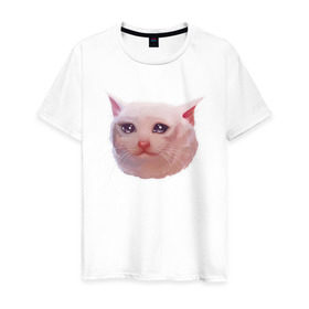 Мужская футболка хлопок с принтом Плачущий кот в Курске, 100% хлопок | прямой крой, круглый вырез горловины, длина до линии бедер, слегка спущенное плечо. | cat | crying | meme | кот | мем | плачущий