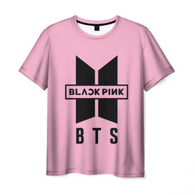 Мужская футболка 3D с принтом BTS and BLACKPINK в Курске, 100% полиэфир | прямой крой, круглый вырез горловины, длина до линии бедер | Тематика изображения на принте: bangtan boys | black | blackpink | bt21 | bts | k pop | pink | rose | блек пинк | блекпинк | блэк пинк | блэкпинк | бтс