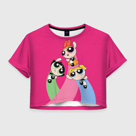 Женская футболка Cropp-top с принтом PPG в Курске, 100% полиэстер | круглая горловина, длина футболки до линии талии, рукава с отворотами | powerpuff girls | ppg | бабблс | баттеркап | блоссом | крошки | крутые девчонки | лютик | пестик | пузырек | супер крошки | супергерой | таунсвиль | цветик