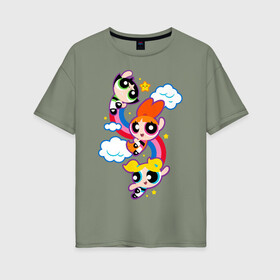 Женская футболка хлопок Oversize с принтом Bubbles, Blossom, Buttercup  в Курске, 100% хлопок | свободный крой, круглый ворот, спущенный рукав, длина до линии бедер
 | powerpuff girls | ppg | бабблс | баттеркап | блоссом | крошки | крутые девчонки | лютик | пестик | пузырек | супер крошки | супергерой | таунсвиль | цветик