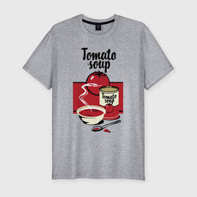 Мужская футболка хлопок Slim с принтом Томатный суп в Курске, 92% хлопок, 8% лайкра | приталенный силуэт, круглый вырез ворота, длина до линии бедра, короткий рукав | flat | food | poster | retro | soup | spoon | steam | tomato | еда | ложка | пар | плакат | помидор | ретро | суп | тарелка