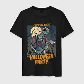 Мужская футболка хлопок с принтом Halloween party в Курске, 100% хлопок | прямой крой, круглый вырез горловины, длина до линии бедер, слегка спущенное плечо. | axe | bat | blood | cross | halloween | horror | jaw | moon | night | party | skeleton | tomb | tree | view | zombie | вечеринка | гробница | дерево | крест | кровь | летучая мышь | луна | ночь | скелет | топор | хэллоуин