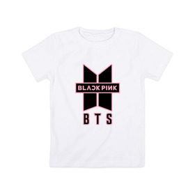 Детская футболка хлопок с принтом BTS and BLACKPINK в Курске, 100% хлопок | круглый вырез горловины, полуприлегающий силуэт, длина до линии бедер | bangtan boys | black | blackpink | bt21 | bts | k pop | pink | rose | блек пинк | блекпинк | блэк пинк | блэкпинк | бтс
