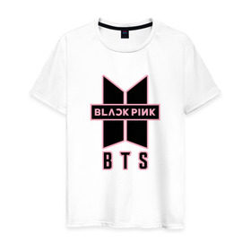 Мужская футболка хлопок с принтом BTS and BLACKPINK в Курске, 100% хлопок | прямой крой, круглый вырез горловины, длина до линии бедер, слегка спущенное плечо. | bangtan boys | black | blackpink | bt21 | bts | k pop | pink | rose | блек пинк | блекпинк | блэк пинк | блэкпинк | бтс