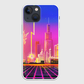 Чехол для iPhone 13 mini с принтом КИБЕР ГОРОД в Курске,  |  | bright | colorful | cool | disco | music | music lover | retro | speaker | tape recorder | technique | vintage | винтаж | динамик | диско | магнитофон | меломан | музыка | неон | разноцветный | ретро | техника