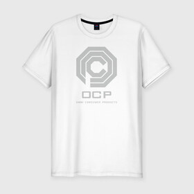 Мужская футболка премиум с принтом OCP в Курске, 92% хлопок, 8% лайкра | приталенный силуэт, круглый вырез ворота, длина до линии бедра, короткий рукав | Тематика изображения на принте: omni consumer products | алекс мёрфи | робокоп. детройт