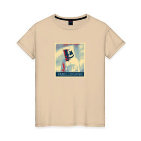 Женская футболка хлопок с принтом #MELLOGANG в Курске, 100% хлопок | прямой крой, круглый вырез горловины, длина до линии бедер, слегка спущенное плечо | dj. маршмеллоу | marshmello | диджей | музыкант