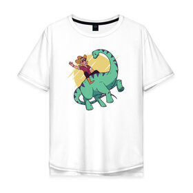 Мужская футболка хлопок Oversize с принтом Ковбой на Динозавре в Курске, 100% хлопок | свободный крой, круглый ворот, “спинка” длиннее передней части | dinosaur | дино | динозавр | ковбой