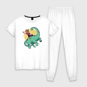 Женская пижама хлопок с принтом Ковбой на Динозавре в Курске, 100% хлопок | брюки и футболка прямого кроя, без карманов, на брюках мягкая резинка на поясе и по низу штанин | dinosaur | дино | динозавр | ковбой
