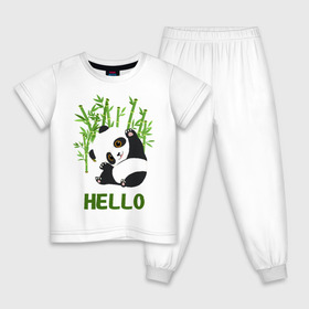 Детская пижама хлопок с принтом Panda Hello в Курске, 100% хлопок |  брюки и футболка прямого кроя, без карманов, на брюках мягкая резинка на поясе и по низу штанин
 | Тематика изображения на принте: panda hello | животные | панда | панды | привет