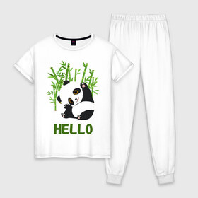 Женская пижама хлопок с принтом Panda Hello в Курске, 100% хлопок | брюки и футболка прямого кроя, без карманов, на брюках мягкая резинка на поясе и по низу штанин | panda hello | животные | панда | панды | привет