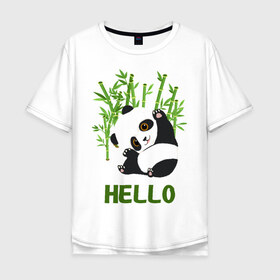 Мужская футболка хлопок Oversize с принтом Panda Hello в Курске, 100% хлопок | свободный крой, круглый ворот, “спинка” длиннее передней части | panda hello | животные | панда | панды | привет