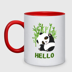 Кружка двухцветная с принтом Panda Hello в Курске, керамика | объем — 330 мл, диаметр — 80 мм. Цветная ручка и кайма сверху, в некоторых цветах — вся внутренняя часть | Тематика изображения на принте: panda hello | животные | панда | панды | привет
