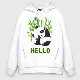 Мужское худи Oversize хлопок с принтом Panda Hello в Курске, френч-терри — 70% хлопок, 30% полиэстер. Мягкий теплый начес внутри —100% хлопок | боковые карманы, эластичные манжеты и нижняя кромка, капюшон на магнитной кнопке | Тематика изображения на принте: panda hello | животные | панда | панды | привет