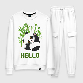 Женский костюм хлопок с принтом Panda Hello в Курске, 100% хлопок | на свитшоте круглая горловина, мягкая резинка по низу. Брюки заужены к низу, на них два вида карманов: два 