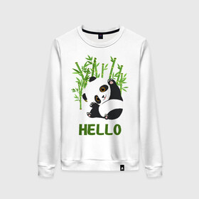 Женский свитшот хлопок с принтом Panda Hello в Курске, 100% хлопок | прямой крой, круглый вырез, на манжетах и по низу широкая трикотажная резинка  | Тематика изображения на принте: panda hello | животные | панда | панды | привет