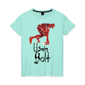 Женская футболка хлопок с принтом Usain Bolt в Курске, 100% хлопок | прямой крой, круглый вырез горловины, длина до линии бедер, слегка спущенное плечо | athletics | jamaica | man | run | runner | sport | sportsman | usain bolt | легкая атлетика | мужчина | спорт | спортсмен | ямайка