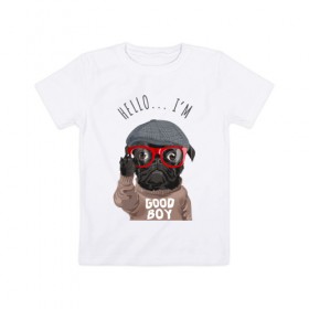 Детская футболка хлопок с принтом Привет, Я Хороший Мальчик в Курске, 100% хлопок | круглый вырез горловины, полуприлегающий силуэт, длина до линии бедер | Тематика изображения на принте: dog | quote | бульдог | мопс | надписи | надпись | собака | собаки