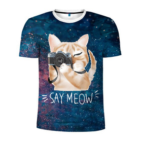 Мужская футболка 3D спортивная с принтом Say Meow в Курске, 100% полиэстер с улучшенными характеристиками | приталенный силуэт, круглая горловина, широкие плечи, сужается к линии бедра | Тематика изображения на принте: meow | кот | котенок | котик | котики | котятка | кошка | мяу | скажи мяу | фотоаппарат | фотограф