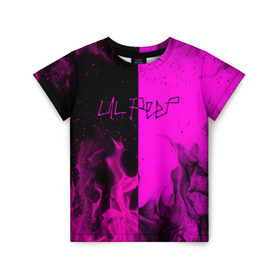 Детская футболка 3D с принтом LIL PEEP в Курске, 100% гипоаллергенный полиэфир | прямой крой, круглый вырез горловины, длина до линии бедер, чуть спущенное плечо, ткань немного тянется | Тематика изображения на принте: bright | fire | flame | heat | light | lil peep | lil prince | pink | wildfire | зарубежная музыка | искры | лил пип | маленький принц | огненный | огонь | пламя | пожар