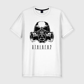 Мужская футболка премиум с принтом S.T.A.L.K.E.R. 2 в Курске, 92% хлопок, 8% лайкра | приталенный силуэт, круглый вырез ворота, длина до линии бедра, короткий рукав | Тематика изображения на принте: bandit | chernobyl | logo | pripyat | s.t.a.l.k.e.r. 2 | shadow of chernobyl | stalker | stalker 2 | бандиты | лого | меченый | припять | сталкер | сталкер 2 | тени чернобыля | чернобыль | чистое небо