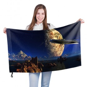 Флаг 3D с принтом UFO в Курске, 100% полиэстер | плотность ткани — 95 г/м2, размер — 67 х 109 см. Принт наносится с одной стороны | ufo | диск | звездное небо | звезды | инопланетный | корабль | космический | космолет | космос | летающая тарелка | нло | пришельцы | футуризм | футуристика
