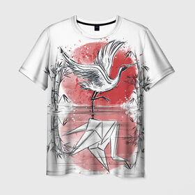 Мужская футболка 3D с принтом Японская мечта в Курске, 100% полиэфир | прямой крой, круглый вырез горловины, длина до линии бедер | bird | crane | japan | sakura | tradition | travel | журавль | птица | путешествие | сакура | традиция | япония