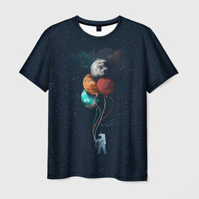 Мужская футболка 3D с принтом Космонавт с Планетами в Курске, 100% полиэфир | прямой крой, круглый вырез горловины, длина до линии бедер | astronaut | cosmonaut | nasa | planet | stars | астронавт | в космосе | галактика | космонавт | космос | планеты | с шариками | шарики