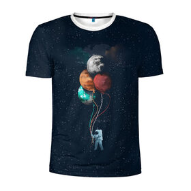 Мужская футболка 3D спортивная с принтом Космонавт с Планетами в Курске, 100% полиэстер с улучшенными характеристиками | приталенный силуэт, круглая горловина, широкие плечи, сужается к линии бедра | astronaut | cosmonaut | nasa | planet | stars | астронавт | в космосе | галактика | космонавт | космос | планеты | с шариками | шарики