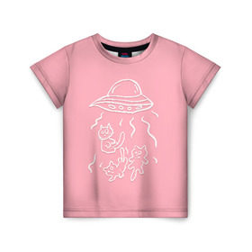 Детская футболка 3D с принтом Котята и НЛО в Курске, 100% гипоаллергенный полиэфир | прямой крой, круглый вырез горловины, длина до линии бедер, чуть спущенное плечо, ткань немного тянется | Тематика изображения на принте: 