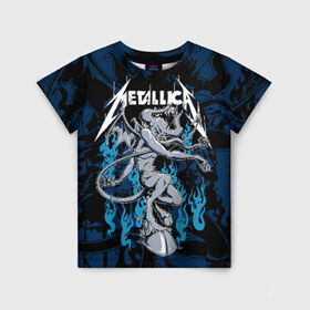 Детская футболка 3D с принтом Metallica в Курске, 100% гипоаллергенный полиэфир | прямой крой, круглый вырез горловины, длина до линии бедер, чуть спущенное плечо, ткань немного тянется | american | blue | demon | devil | flame | hell | metal band | metallica | music | rock | американская | голубое | демон | дьявол | метал группа | металлика | музыка | пламя | рок | черт