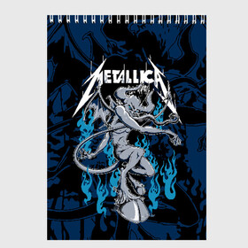 Скетчбук с принтом Metallica в Курске, 100% бумага
 | 48 листов, плотность листов — 100 г/м2, плотность картонной обложки — 250 г/м2. Листы скреплены сверху удобной пружинной спиралью | american | blue | demon | devil | flame | hell | metal band | metallica | music | rock | американская | голубое | демон | дьявол | метал группа | металлика | музыка | пламя | рок | черт