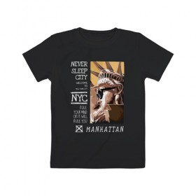 Детская футболка хлопок с принтом New York Never Sleep city в Курске, 100% хлопок | круглый вырез горловины, полуприлегающий силуэт, длина до линии бедер | city | never sleep | new york | usa | минимализм | нью йорк | ньюйорк | очки | сша