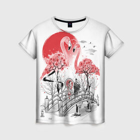 Женская футболка 3D с принтом Сад Фламинго в Курске, 100% полиэфир ( синтетическое хлопкоподобное полотно) | прямой крой, круглый вырез горловины, длина до линии бедер | Тематика изображения на принте: bridge | flamingo | garden | geisha | japan | pink | sakura | samurai | tradition | мост | розовый | сад | сакура | самурай | традиция | фламинго | япония