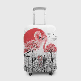 Чехол для чемодана 3D с принтом Сад Фламинго в Курске, 86% полиэфир, 14% спандекс | двустороннее нанесение принта, прорези для ручек и колес | bridge | flamingo | garden | geisha | japan | pink | sakura | samurai | tradition | мост | розовый | сад | сакура | самурай | традиция | фламинго | япония