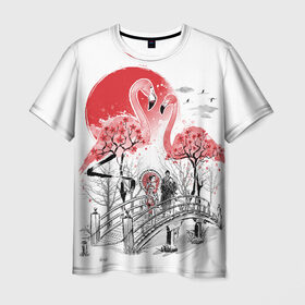 Мужская футболка 3D с принтом Сад Фламинго в Курске, 100% полиэфир | прямой крой, круглый вырез горловины, длина до линии бедер | bridge | flamingo | garden | geisha | japan | pink | sakura | samurai | tradition | мост | розовый | сад | сакура | самурай | традиция | фламинго | япония
