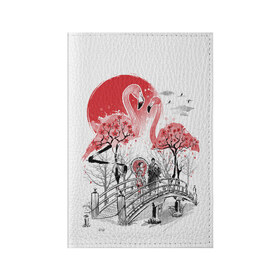 Обложка для паспорта матовая кожа с принтом Сад Фламинго в Курске, натуральная матовая кожа | размер 19,3 х 13,7 см; прозрачные пластиковые крепления | Тематика изображения на принте: bridge | flamingo | garden | geisha | japan | pink | sakura | samurai | tradition | мост | розовый | сад | сакура | самурай | традиция | фламинго | япония