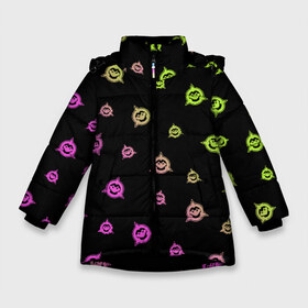 Зимняя куртка для девочек 3D с принтом BATTLETOADS 2019 в Курске, ткань верха — 100% полиэстер; подклад — 100% полиэстер, утеплитель — 100% полиэстер. | длина ниже бедра, удлиненная спинка, воротник стойка и отстегивающийся капюшон. Есть боковые карманы с листочкой на кнопках, утяжки по низу изделия и внутренний карман на молнии. 

Предусмотрены светоотражающий принт на спинке, радужный светоотражающий элемент на пуллере молнии и на резинке для утяжки. | battle | battletoads | double | dragon | game | games | logo | nintendo | rare | retro | symbol | toads | батл | батлтодс | баттл | баттлтоадс | игра | игры | лого | логотип | нинтендо | ретро | символ | тоадс | тодс