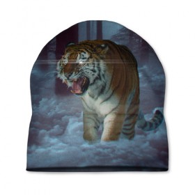 Шапка 3D с принтом ТИГР В СУМЕРЕЧНОМ ЛЕСУ в Курске, 100% полиэстер | универсальный размер, печать по всей поверхности изделия | tiger | в лесу | дикая | кошка | лес | природа | тигр | тигренок | тигрица | тигры