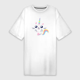 Платье-футболка хлопок с принтом Котик Единорог Kawaii в Курске,  |  | cat | kawaii | rainbow | unicorn | единорог | каваий | кот | котик | кошка | радуга