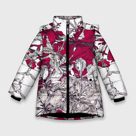 Зимняя куртка для девочек 3D с принтом Red and white blooming flowers в Курске, ткань верха — 100% полиэстер; подклад — 100% полиэстер, утеплитель — 100% полиэстер. | длина ниже бедра, удлиненная спинка, воротник стойка и отстегивающийся капюшон. Есть боковые карманы с листочкой на кнопках, утяжки по низу изделия и внутренний карман на молнии. 

Предусмотрены светоотражающий принт на спинке, радужный светоотражающий элемент на пуллере молнии и на резинке для утяжки. | Тематика изображения на принте: art | flowers | leaves | арт | букет | лепестки | листья | художество | цветок | цветы