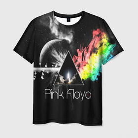 Мужская футболка 3D с принтом PINK FLOYD в Курске, 100% полиэфир | прямой крой, круглый вырез горловины, длина до линии бедер | music | pink floyd | the dark side of the moon | космос | луна | музыка | пинк флойд | призма | рок | треугольник | триангулярная призма